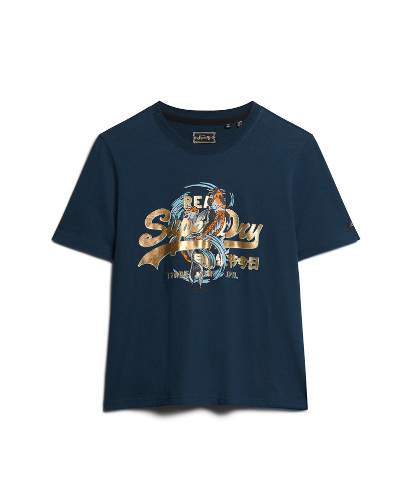 t-shirt met vintage japans logo in donkerblauw