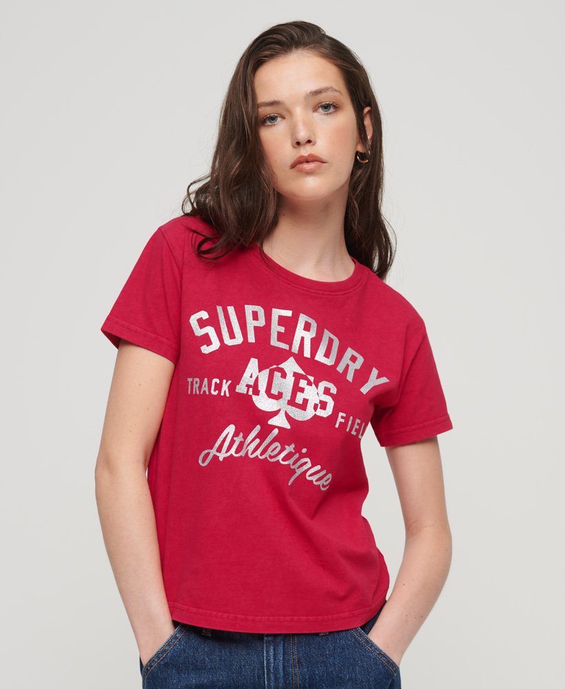 grafisch t-shirt met universiteitsopdruk in karmijnrood