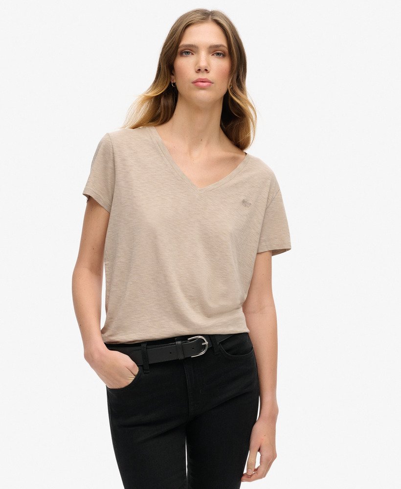geborduurd t-shirt met v-hals en slub-print in stringbruin.