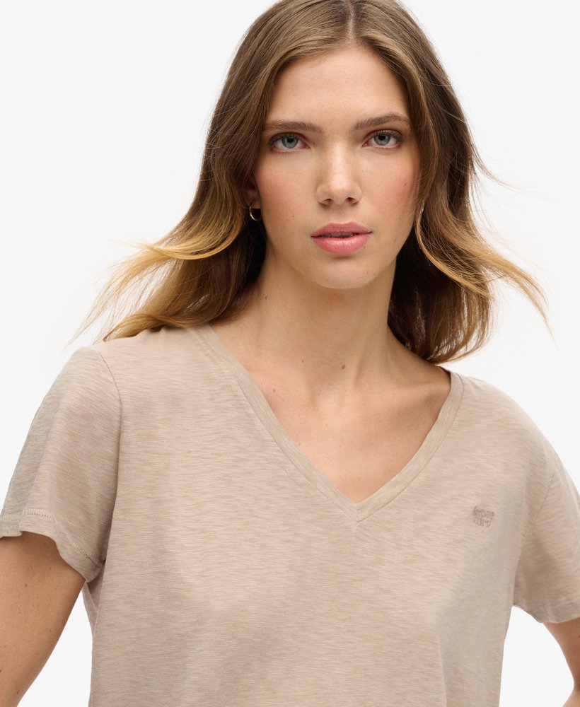 geborduurd t-shirt met v-hals en slub-print in stringbruin.