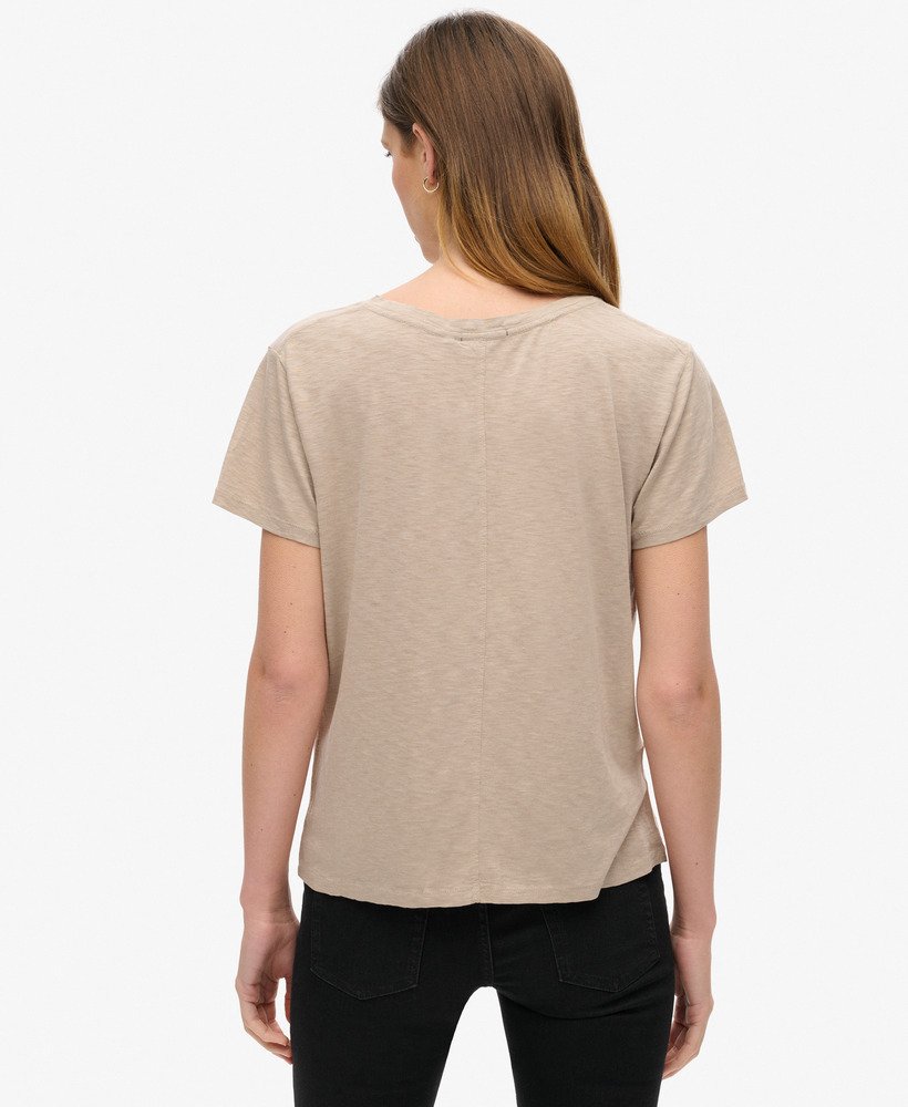 geborduurd t-shirt met v-hals en slub-print in stringbruin.