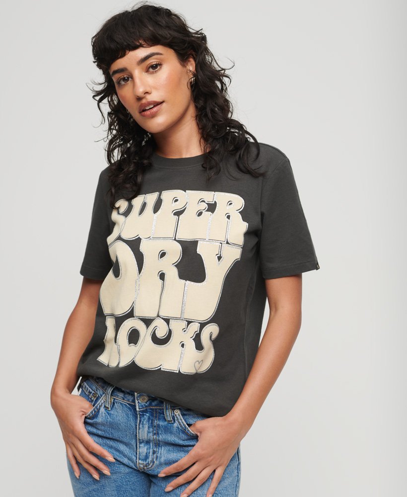 retro rocklogo t-shirt uit de jaren 70 in gewassen zwart