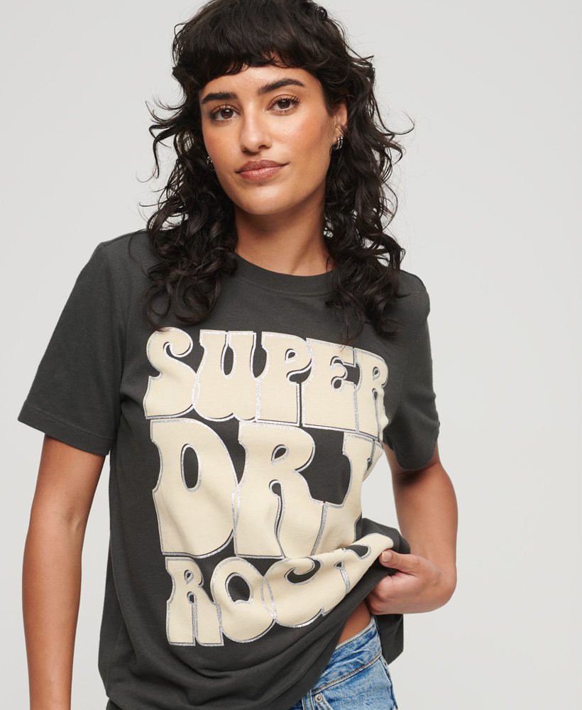 retro rocklogo t-shirt uit de jaren 70 in gewassen zwart