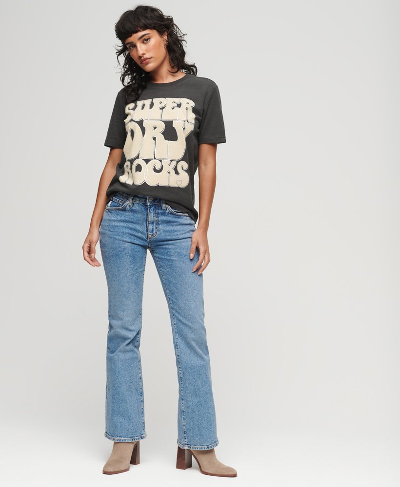 retro rocklogo t-shirt uit de jaren 70 in gewassen zwart