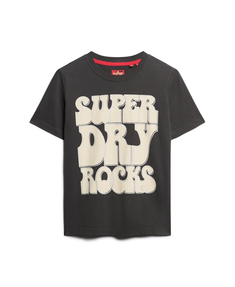retro rocklogo t-shirt uit de jaren 70 in gewassen zwart