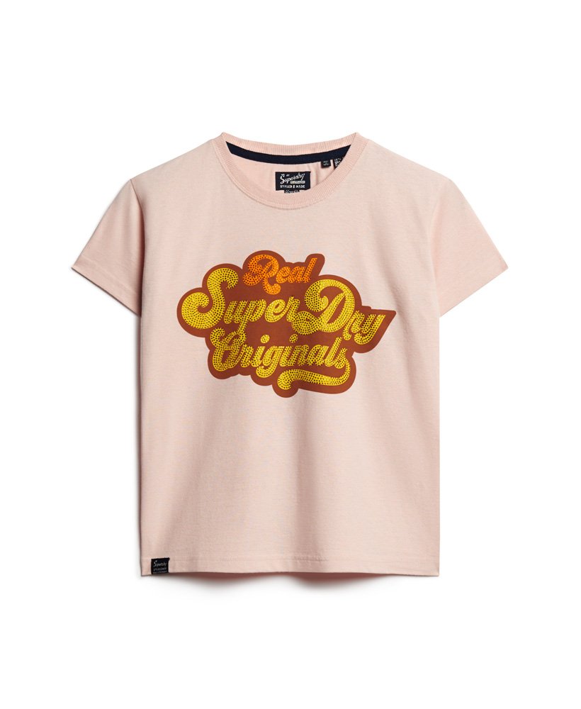 t-shirt met metallic logo in jaren 70-stijl in somon pink marl.