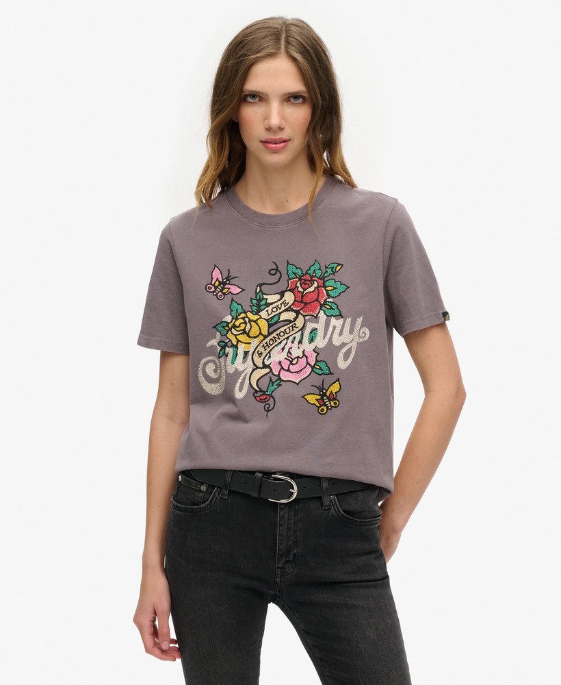 tattoo script graphic t-shirt in rock grey