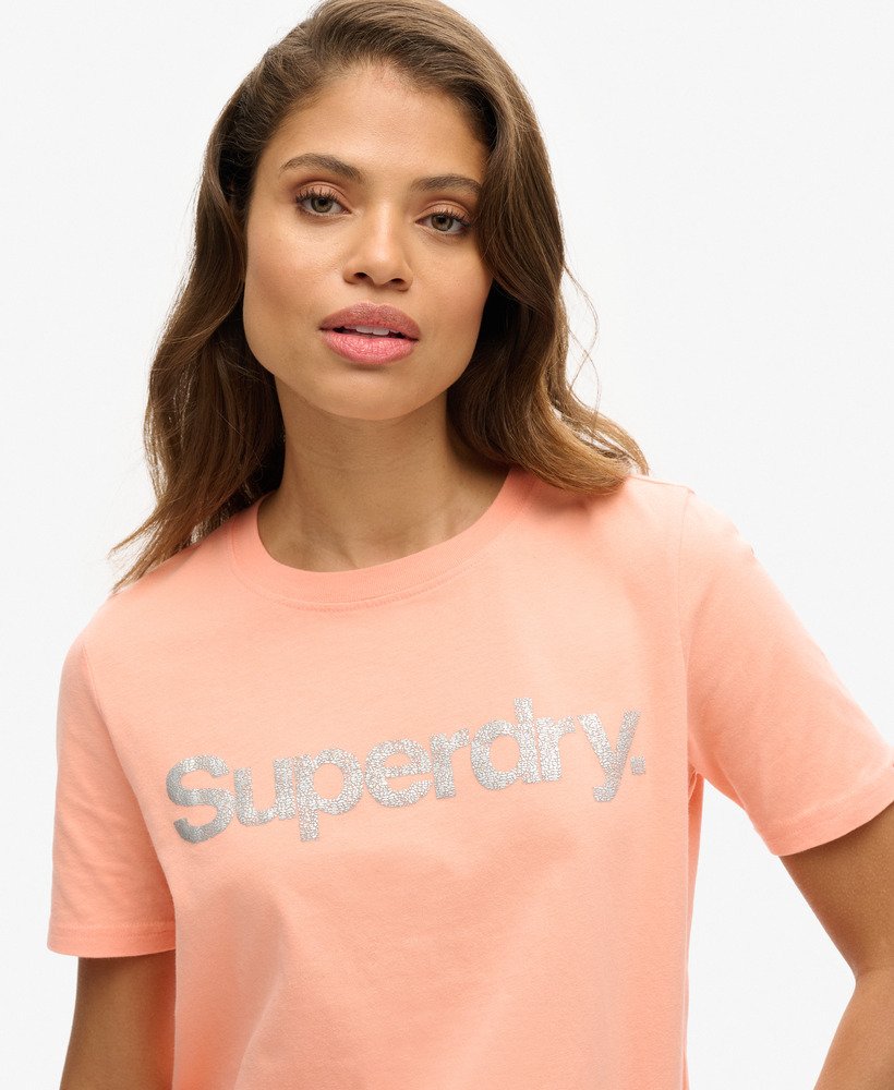 metallic core logo t-shirt in papaya punch pink