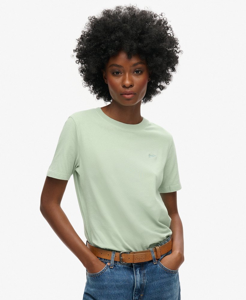 t-shirt van biologisch katoen met vintage logo en borduurwerk in zeegroen.