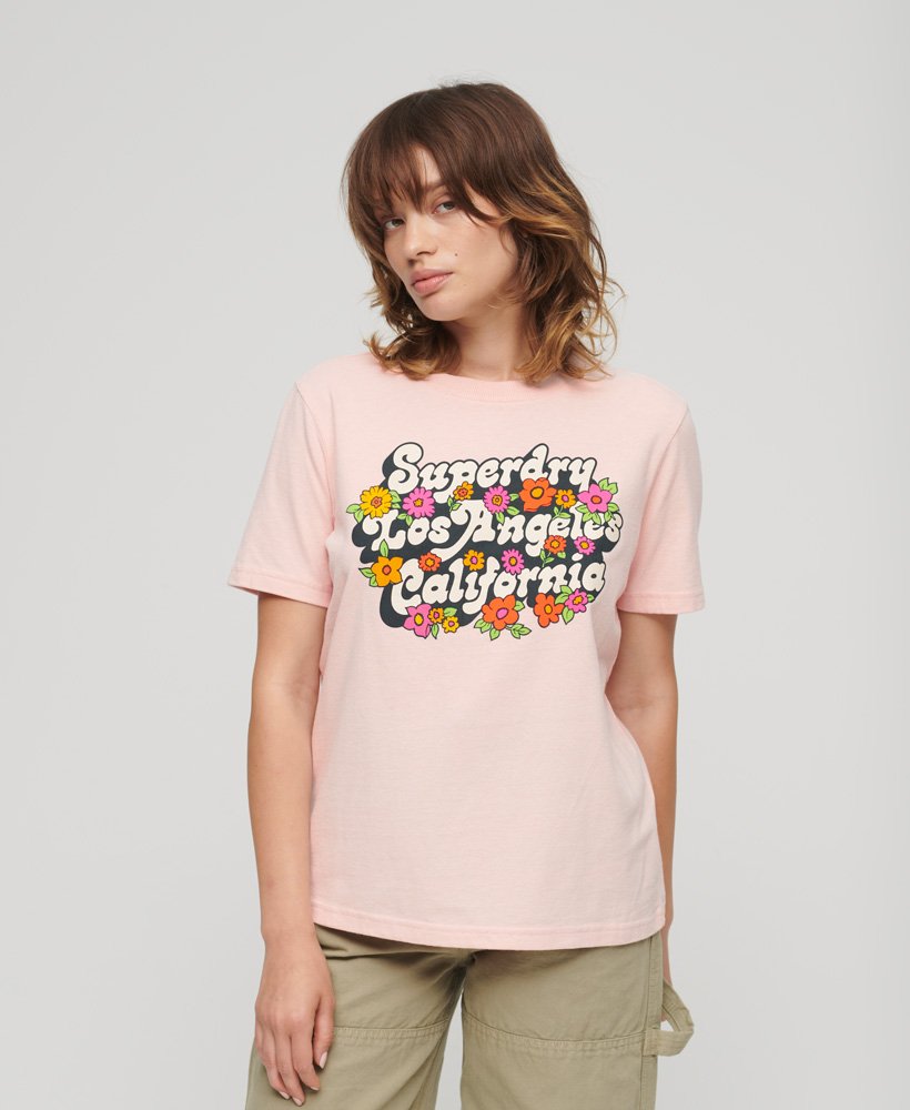 t-shirt met bloemen- en scriptlogo uit de jaren 70 in somon pink marl