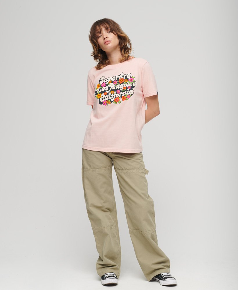 t-shirt met bloemen- en scriptlogo uit de jaren 70 in somon pink marl