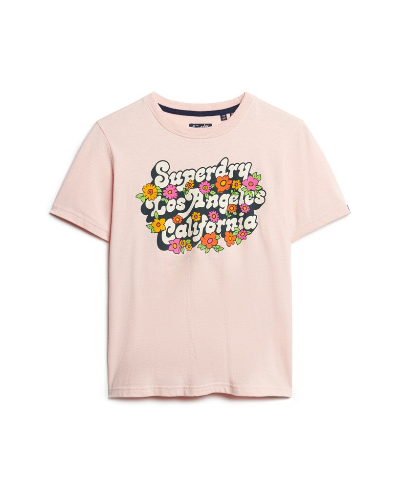 t-shirt met bloemen- en scriptlogo uit de jaren 70 in somon pink marl