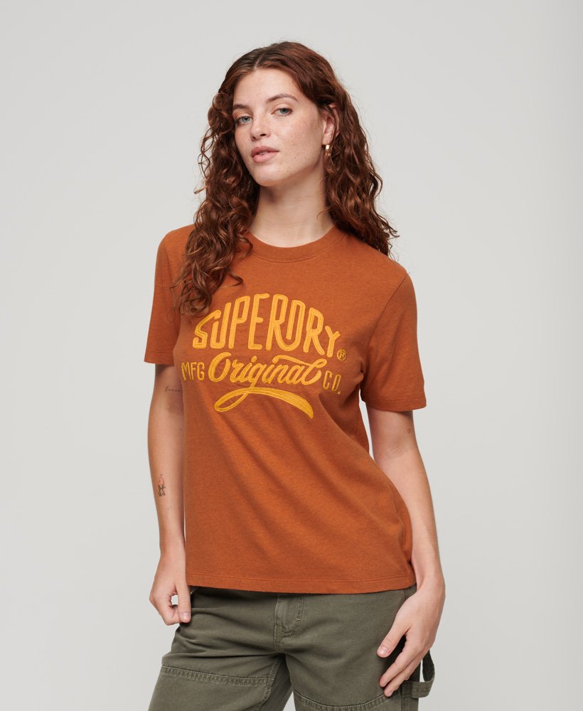 sportief t-shirt met scriptprint in roestbruin gemêleerde kleur.