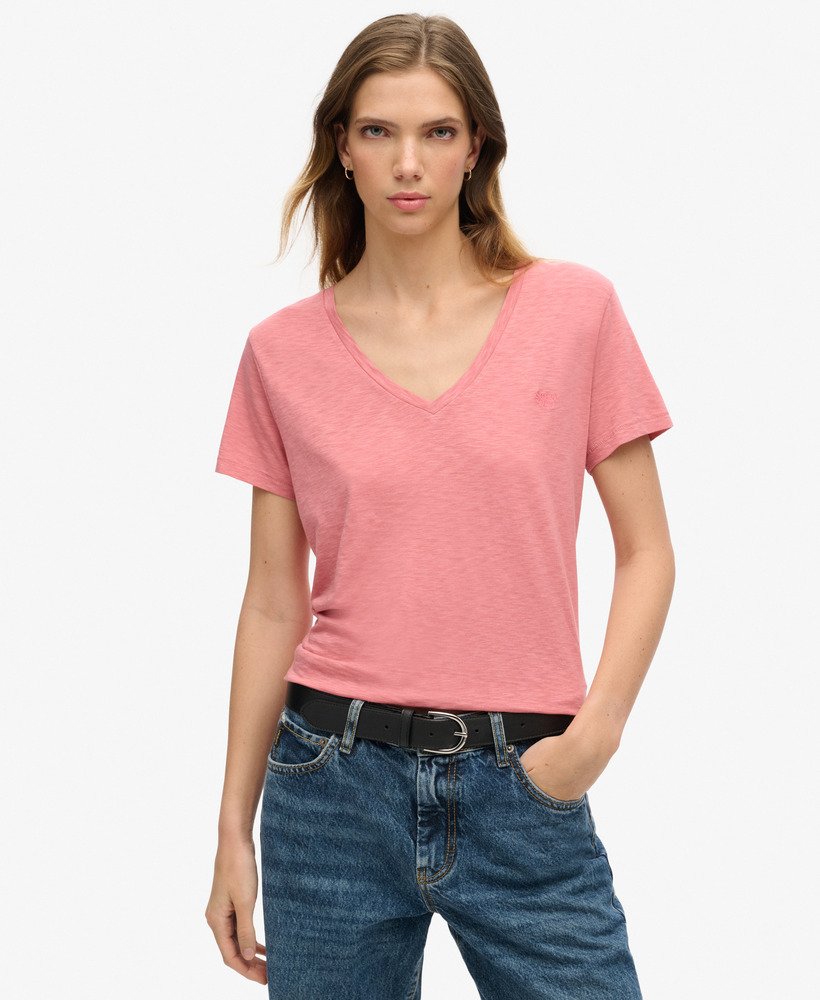 geborduurd t-shirt met v-hals en slub-print in de kleur dusty rose.