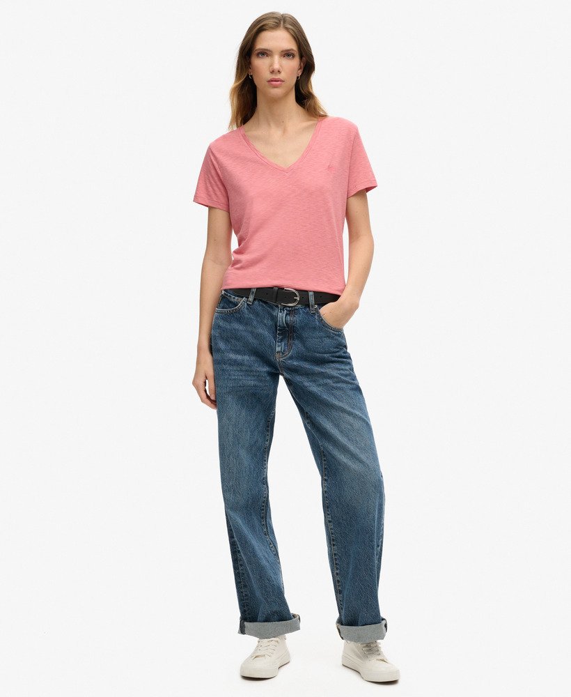 geborduurd t-shirt met v-hals en slub-print in de kleur dusty rose.