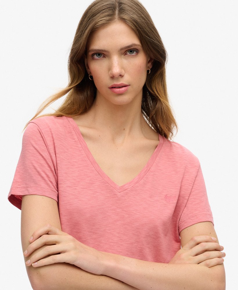 geborduurd t-shirt met v-hals en slub-print in de kleur dusty rose.