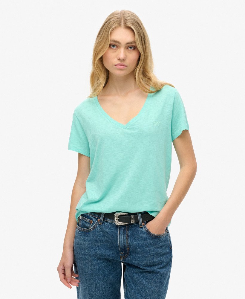 geborduurd t-shirt met v-hals en slub-print in felgroen.