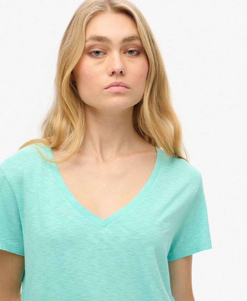 geborduurd t-shirt met v-hals en slub-print in felgroen.