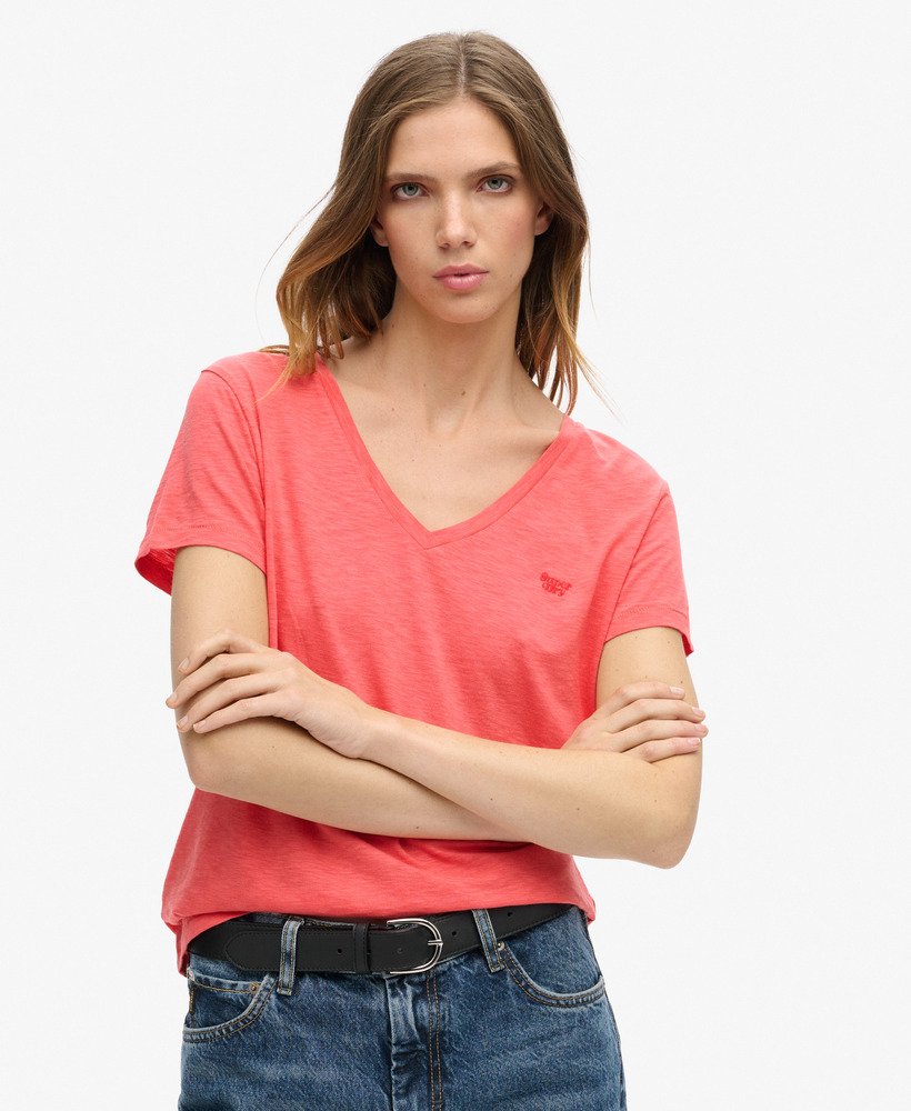 geborduurd t-shirt met v-hals en slub-print in de kleur spiced coral