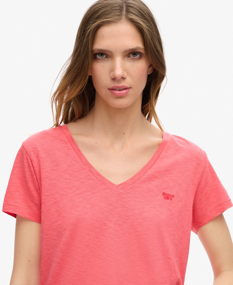 geborduurd t-shirt met v-hals en slub-print in de kleur spiced coral
