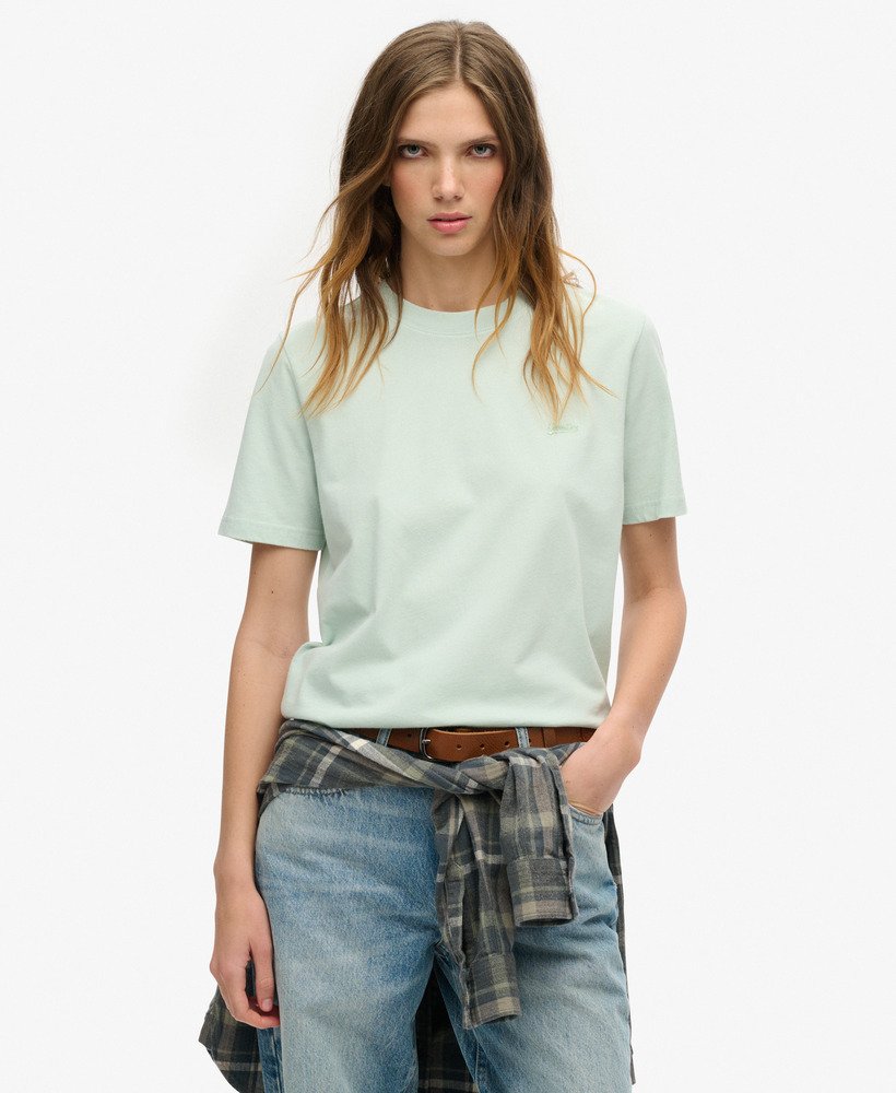 t-shirt van biologisch katoen met vintage logo en borduursel in surfspraygroen.