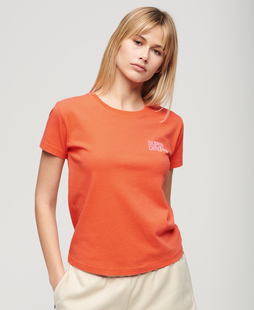getailleerd t-shirt met sportlogo in fel koraalrood.