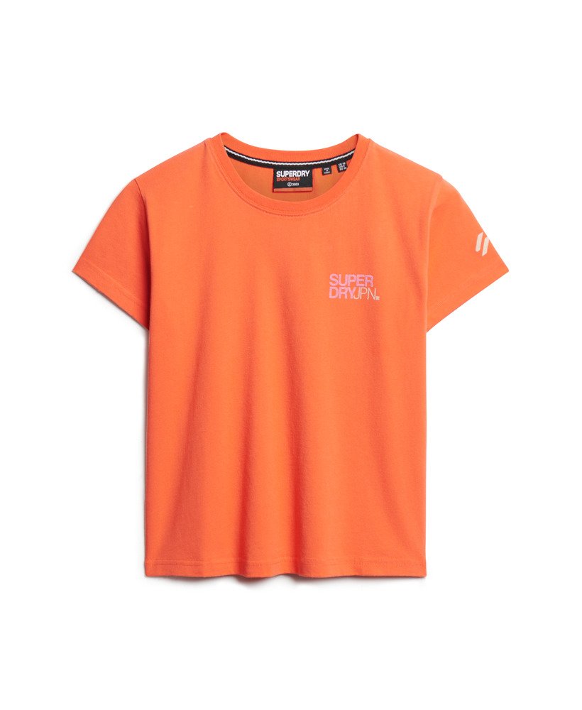 getailleerd t-shirt met sportlogo in fel koraalrood.