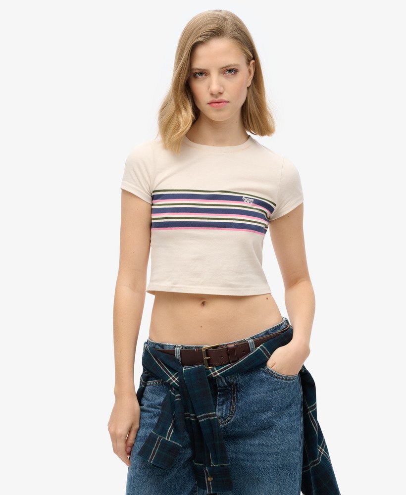 vintage gestreept crop t-shirt in havermoutkleurige strepen