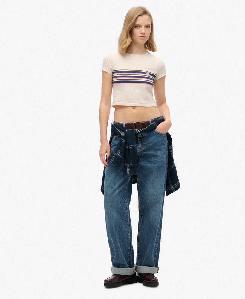 vintage gestreept crop t-shirt in havermoutkleurige strepen