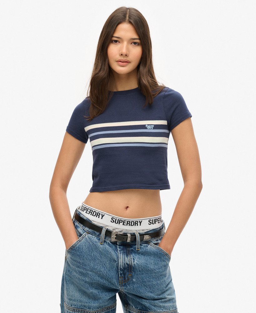 vintage gestreept crop t-shirt in preppy marineblauwe strepen