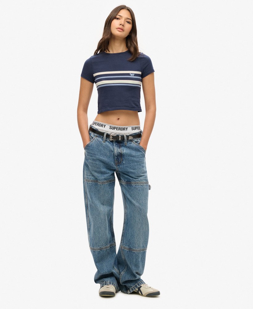 vintage gestreept crop t-shirt in preppy marineblauwe strepen