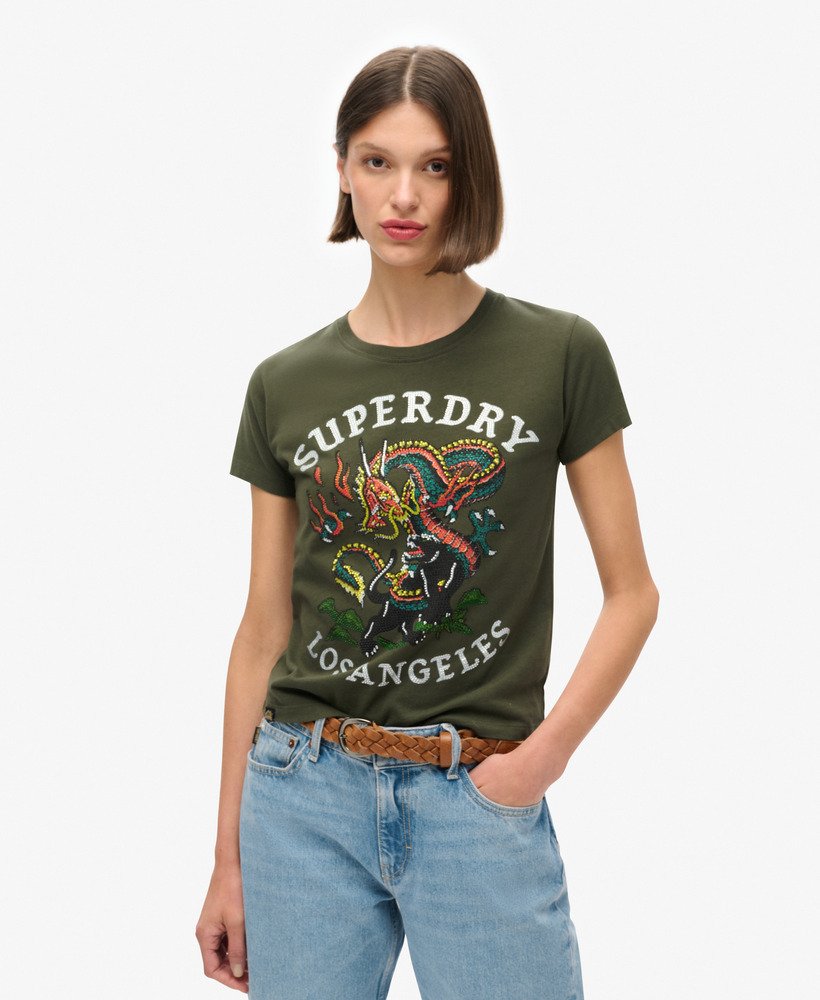 getailleerd t-shirt met strass-steentjes in legergroen.