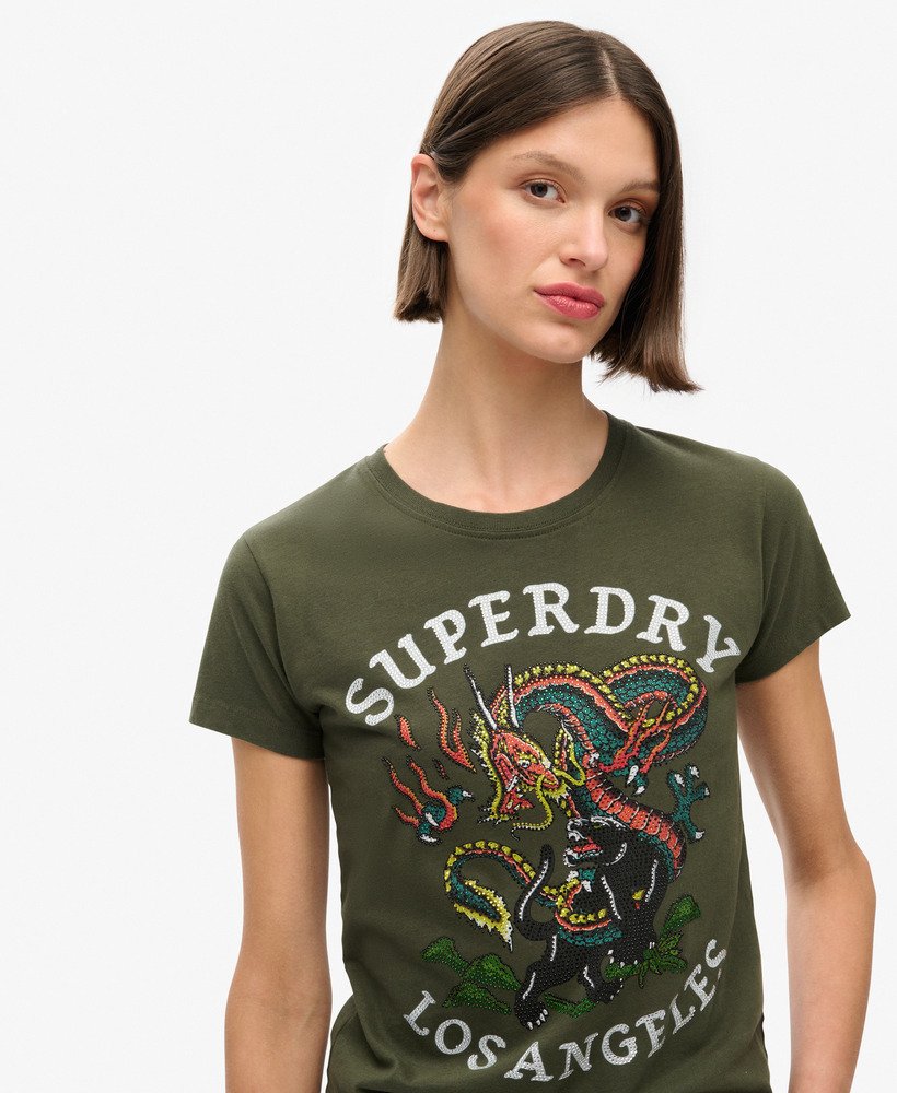 getailleerd t-shirt met strass-steentjes in legergroen.