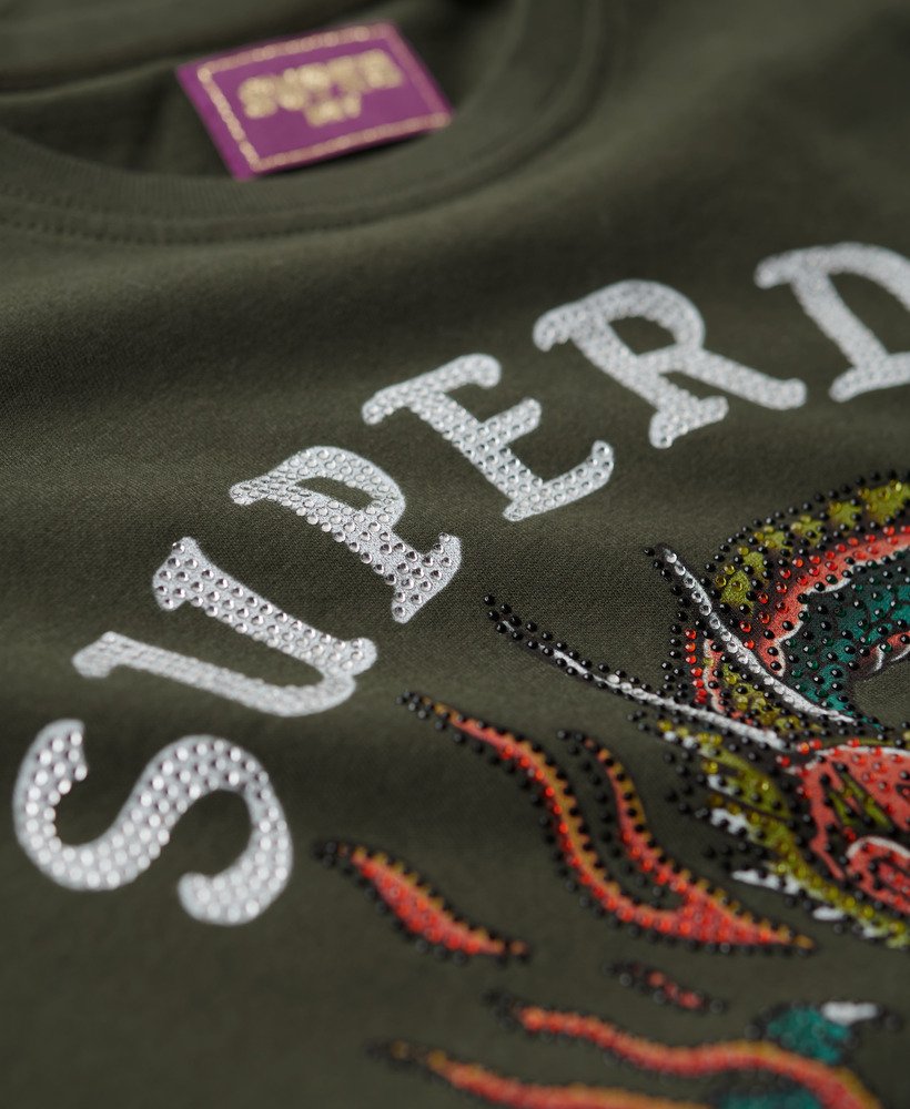 getailleerd t-shirt met strass-steentjes in legergroen.