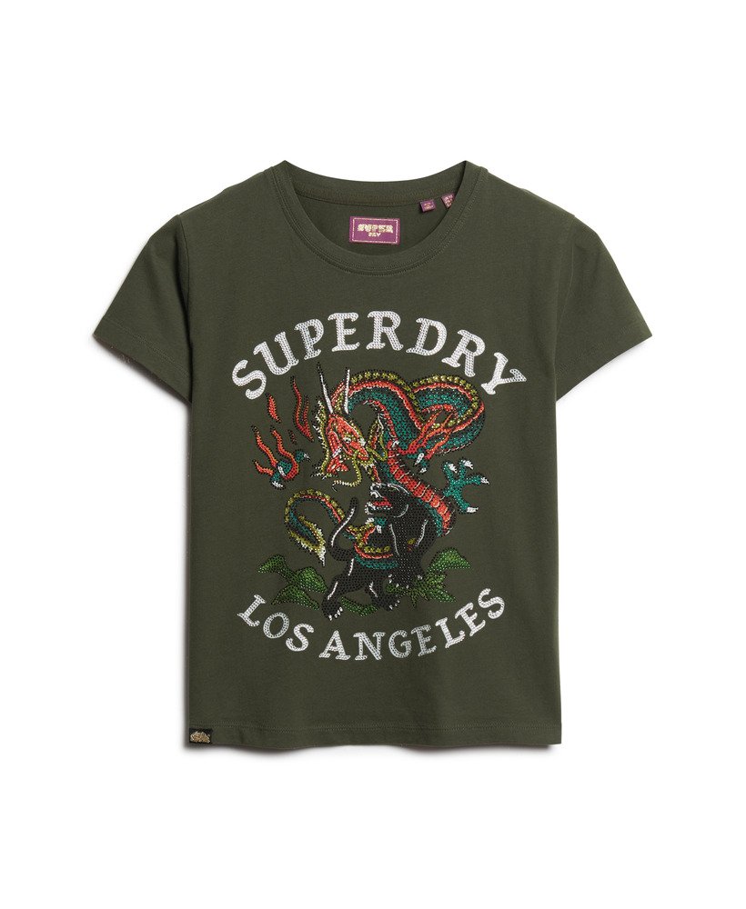 getailleerd t-shirt met strass-steentjes in legergroen.