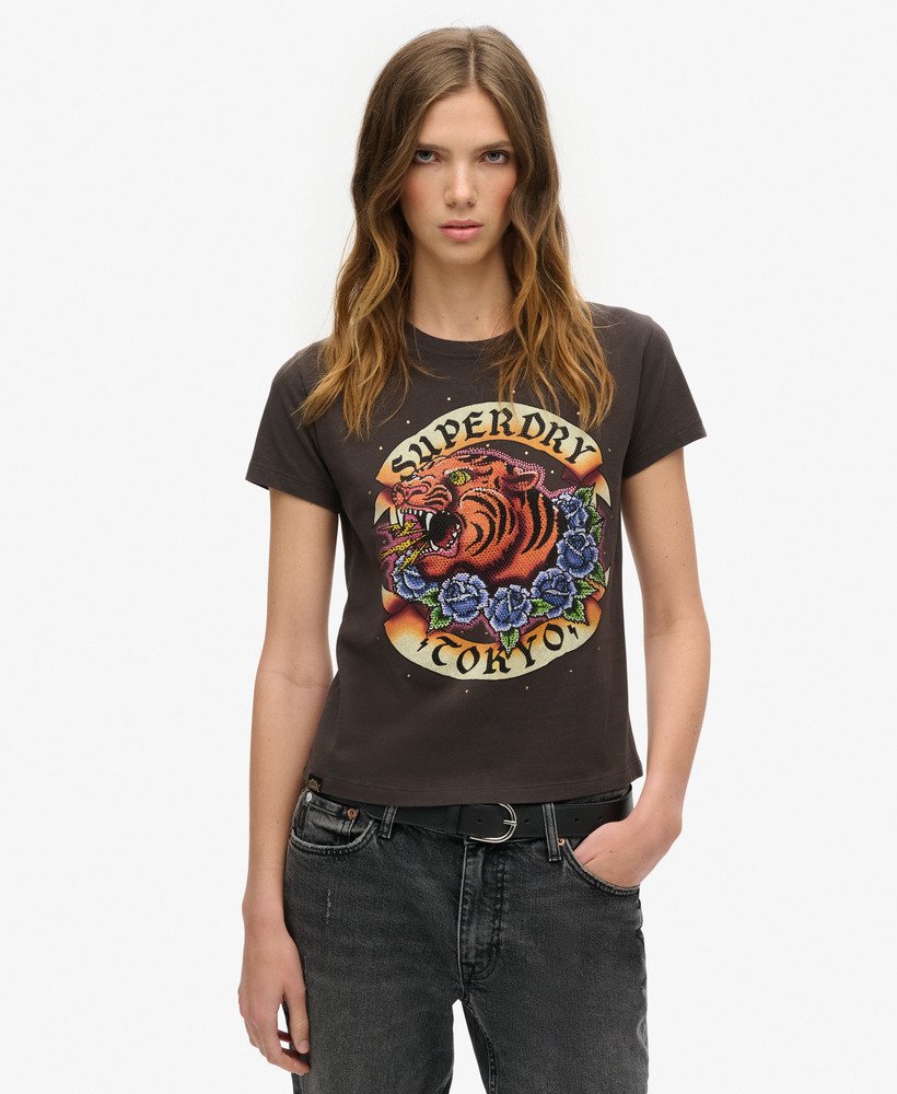 tattoo t-shirt met strasssteentjes in de kleur carbon black.