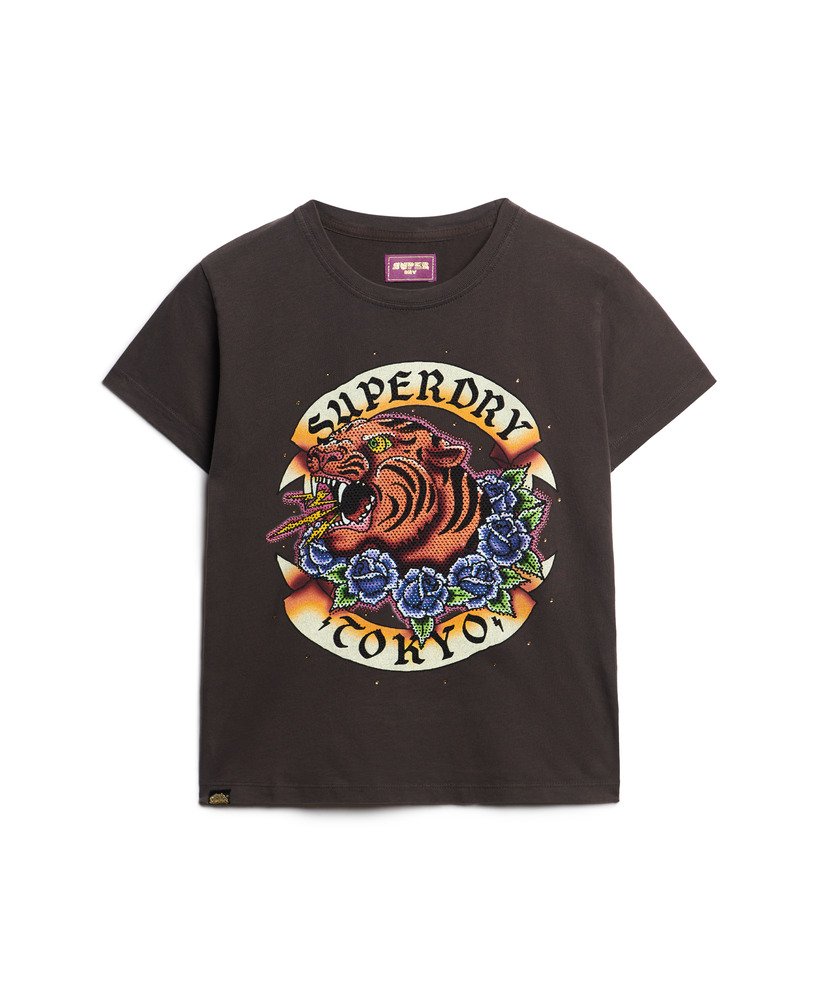 tattoo t-shirt met strasssteentjes in de kleur carbon black.