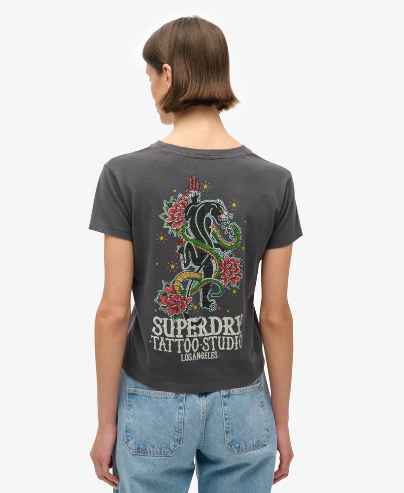 tattoo t-shirt met strasssteentjes in antraciet.