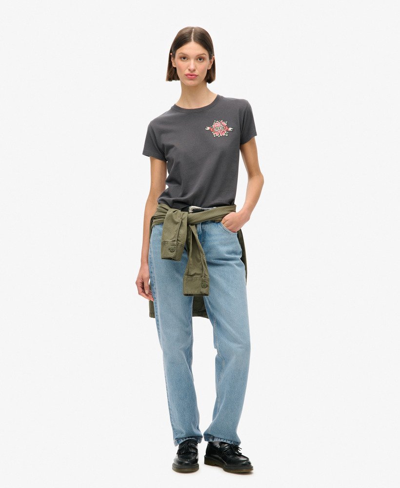 tattoo t-shirt met strasssteentjes in antraciet.