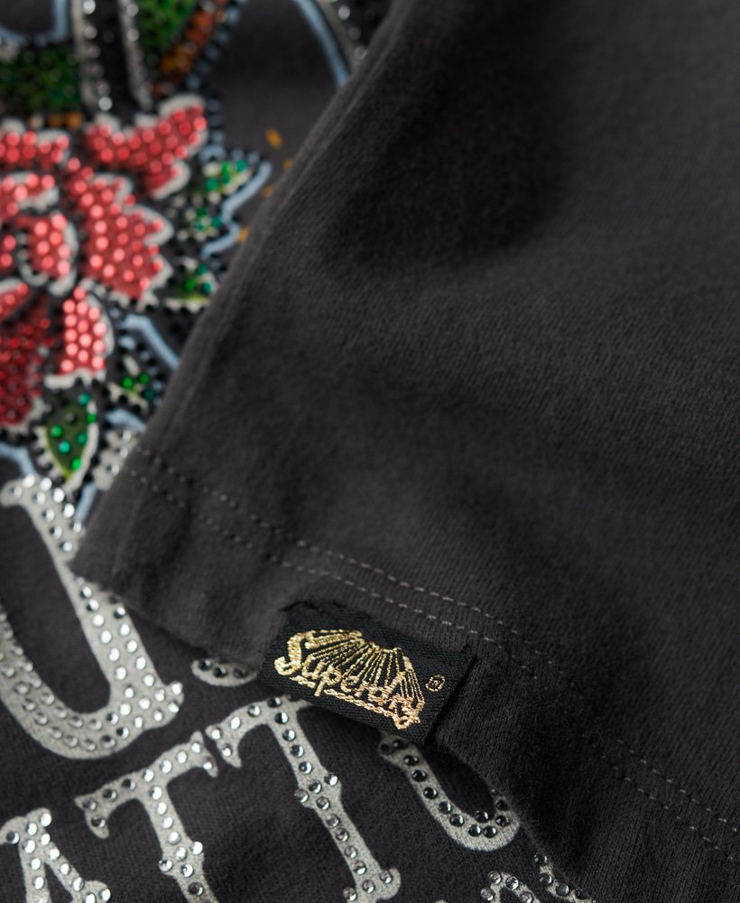 tattoo t-shirt met strasssteentjes in antraciet.
