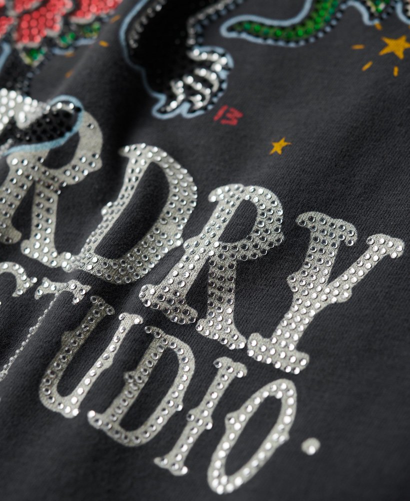 tattoo t-shirt met strasssteentjes in antraciet.