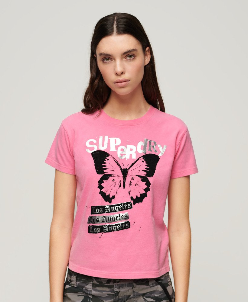 lo-fi rock graphic t-shirt in aurora pink