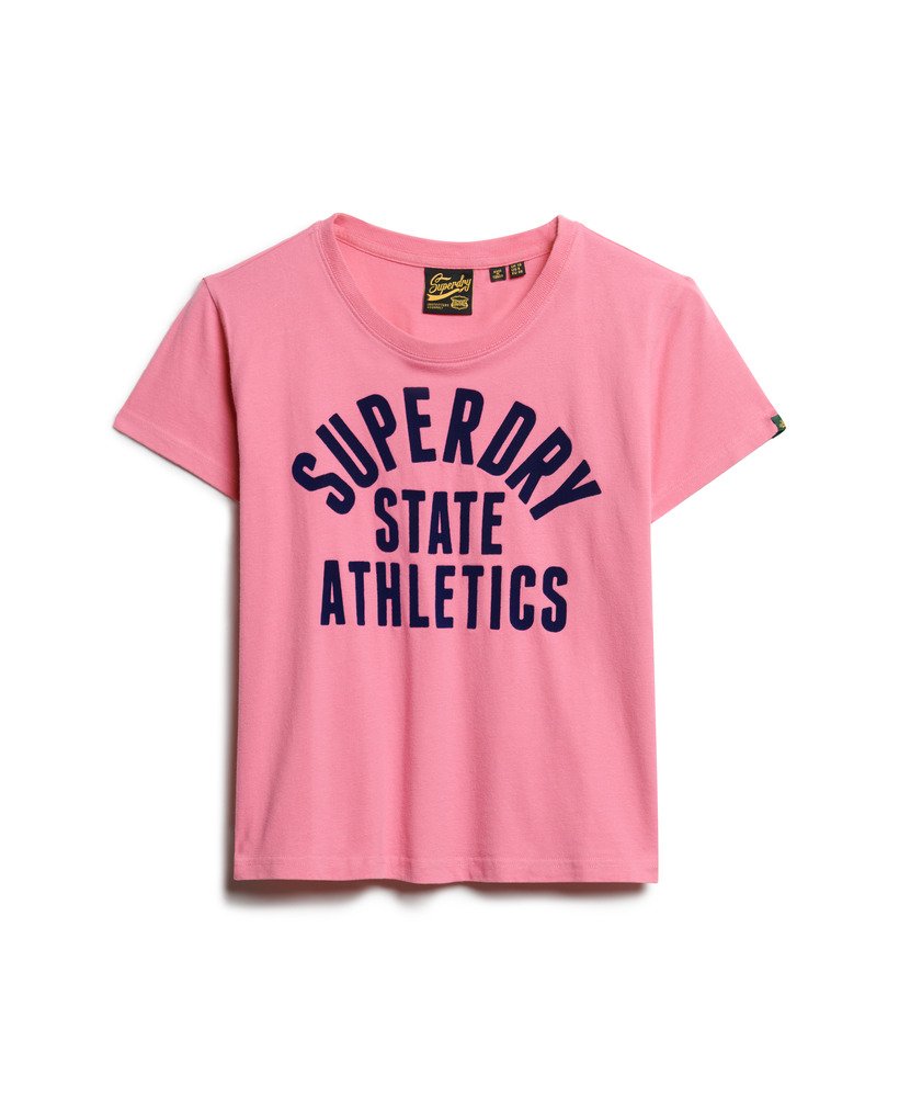 getailleerd varsity-t-shirt met fluweelachtige afwerking in felroze.