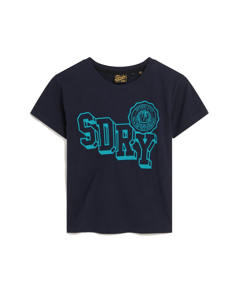 getailleerd varsity-t-shirt met fluweelachtige afwerking in donkerblauw.
