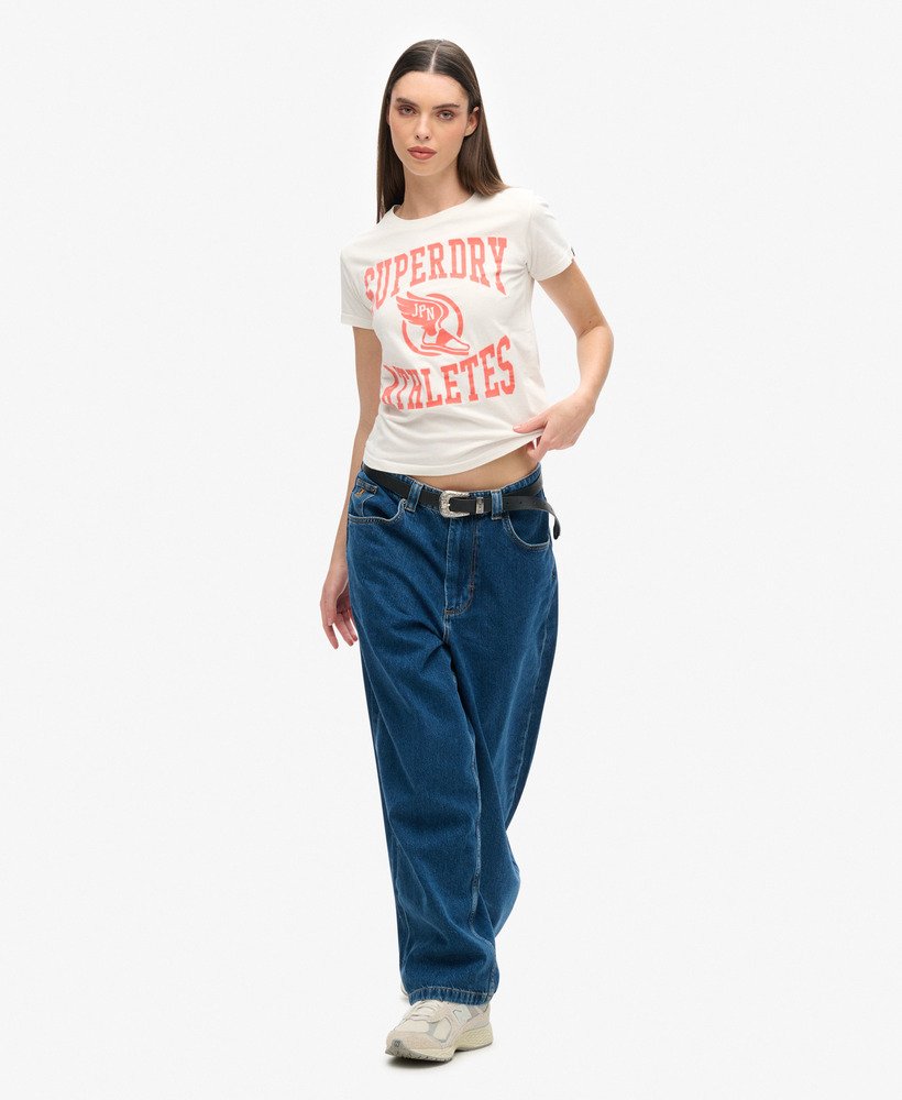 getailleerd varsity-t-shirt met flockprint in gebroken wit.