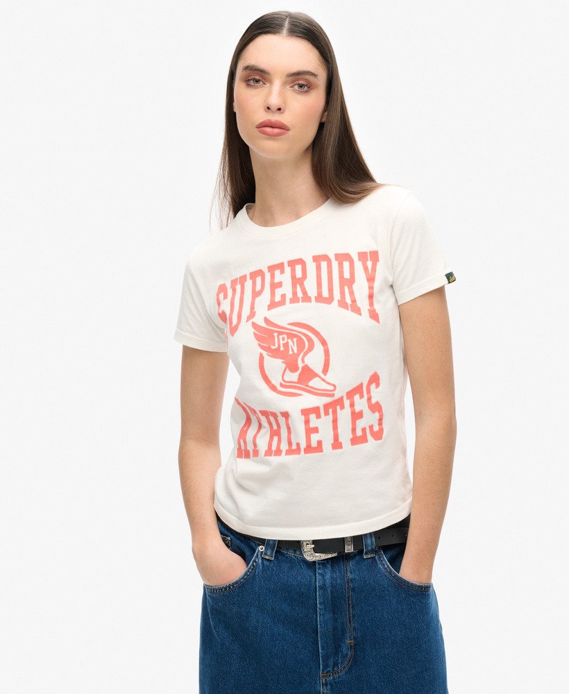 getailleerd varsity-t-shirt met flockprint in gebroken wit.