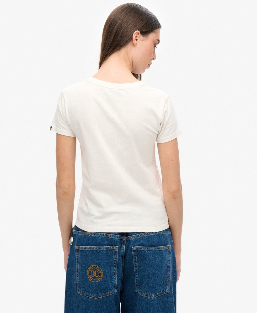 getailleerd varsity-t-shirt met flockprint in gebroken wit.
