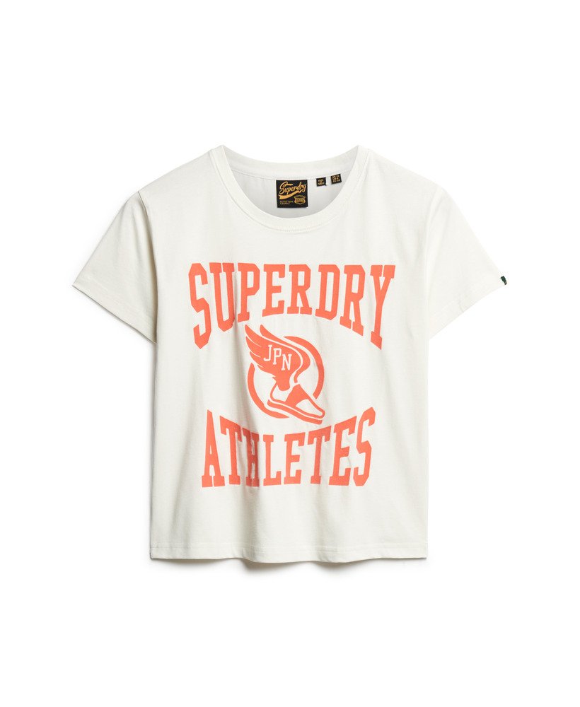 getailleerd varsity-t-shirt met flockprint in gebroken wit.