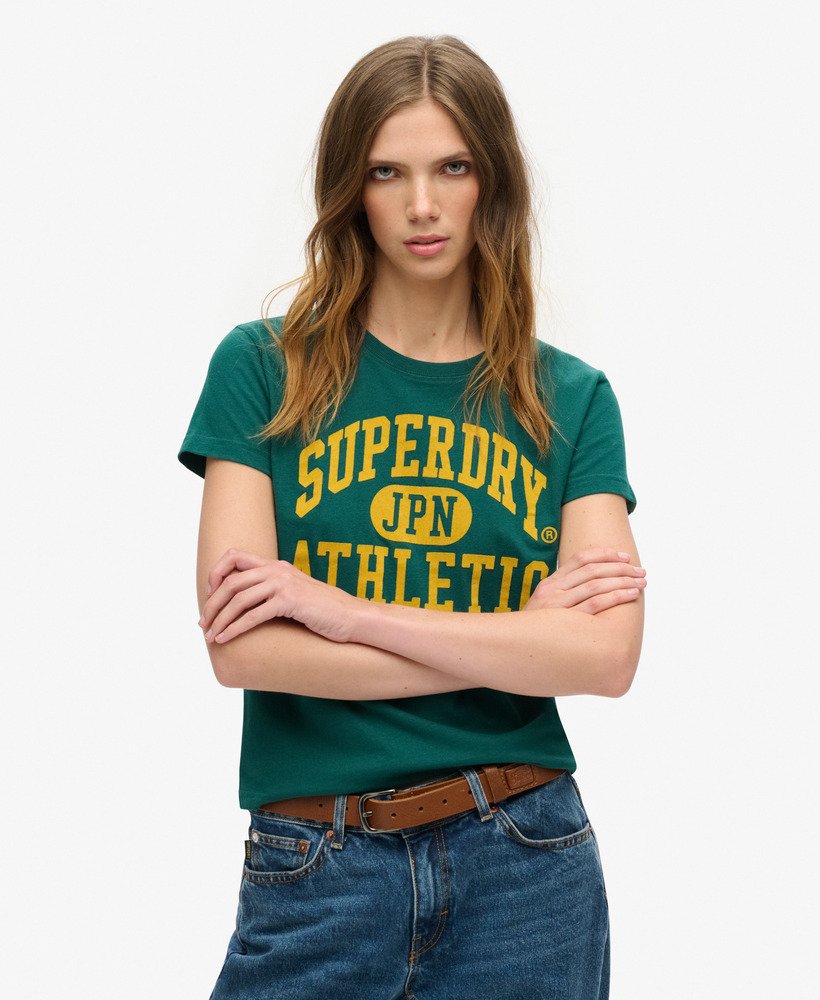 getailleerd varsity-t-shirt met fluweelachtige afwerking in donker bosgroen.