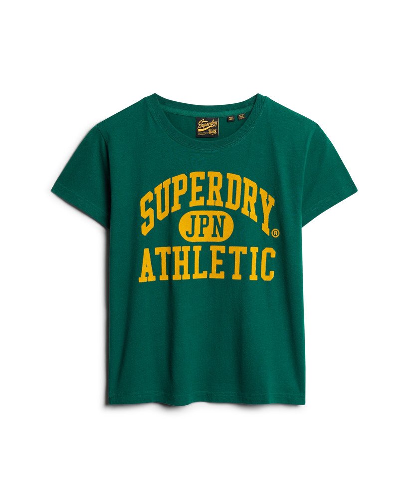 getailleerd varsity-t-shirt met fluweelachtige afwerking in donker bosgroen.